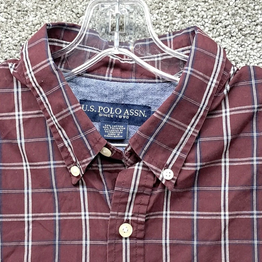 US Polo Assn Mens Large Burgundy Plaid Long Sleeve Button Down Shirt Maroon‎ L